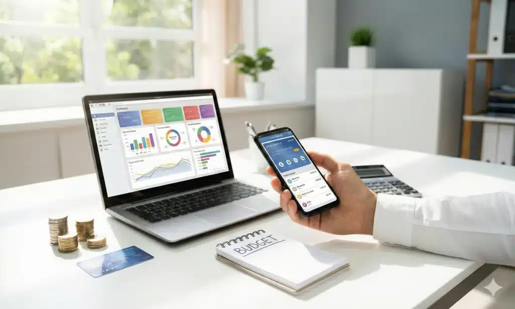 Person managing personal finance using a laptop financial dashboard, mobile banking app, budget notebook, and coins on a desk